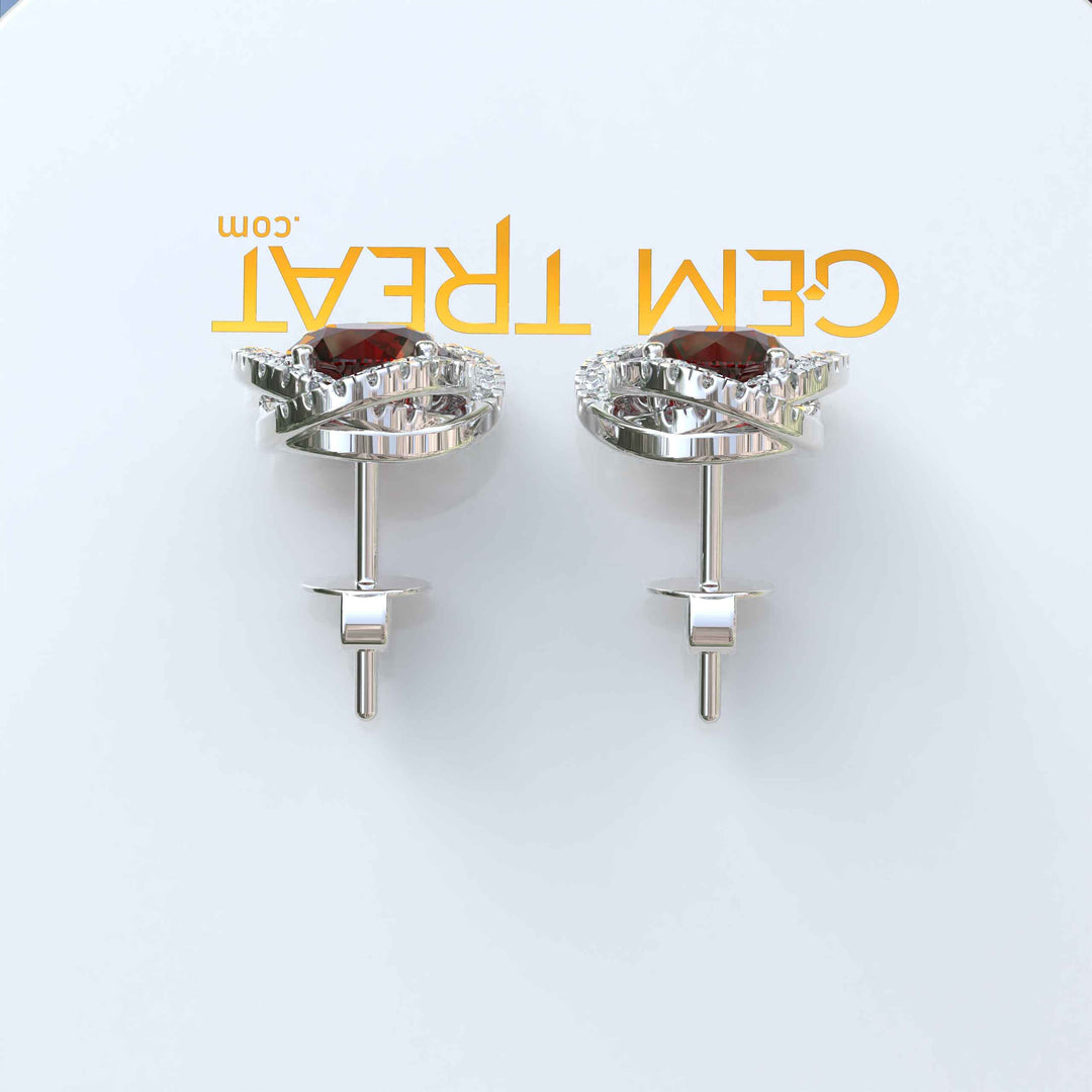 Regal Radiance: Garnet Earrings in Halo Design with Glistening Moissanite Accents.