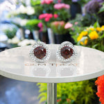 Load image into Gallery viewer, Regal Radiance: Garnet Earrings in Halo Design with Glistening Moissanite Accents.
