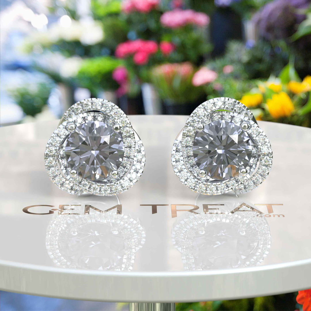 Silver Moonlight: Round Gray Moissanite Stud Earrings with Double Moissanite Halo Sparkle.