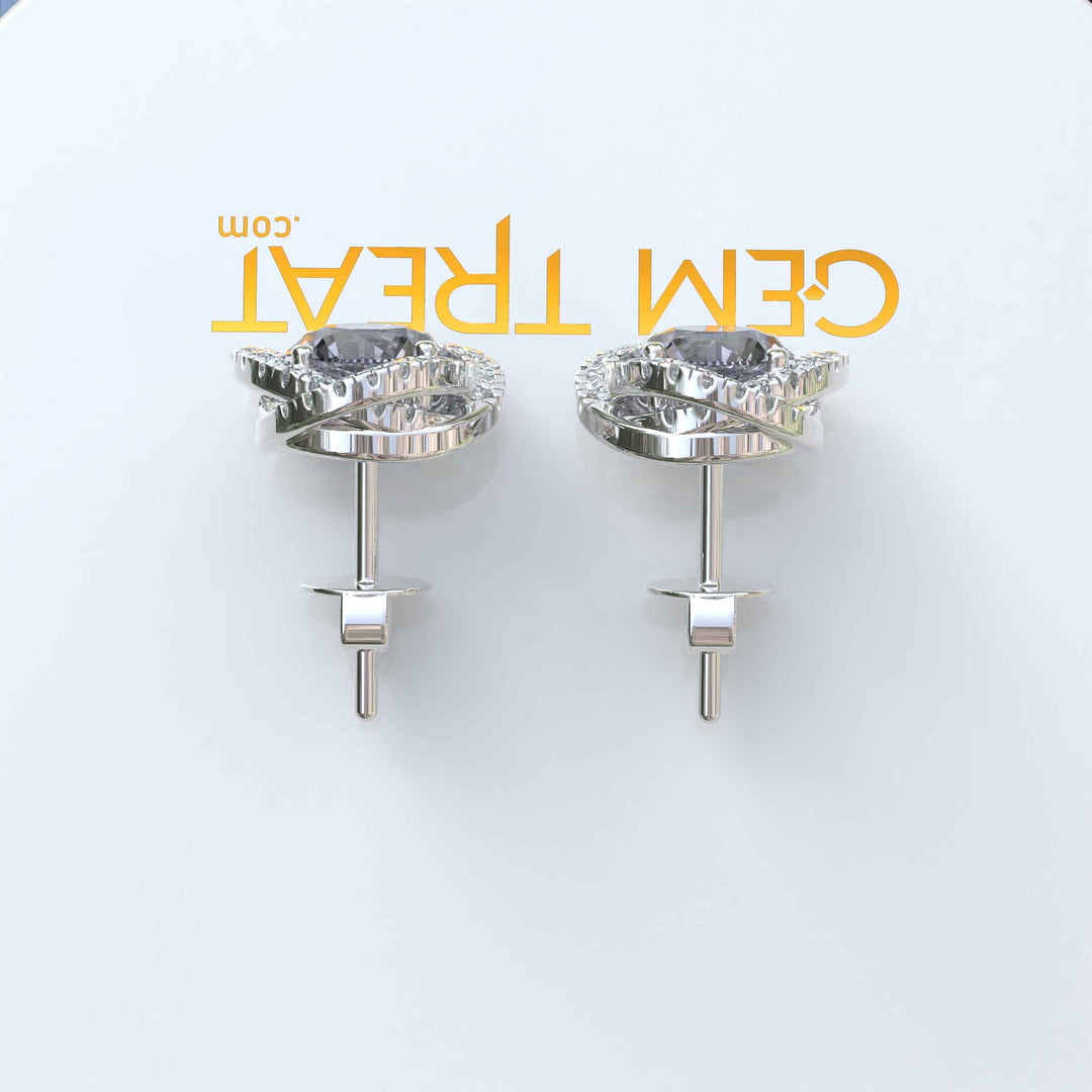 Silver Moonlight: Round Gray Moissanite Stud Earrings with Double Moissanite Halo Sparkle.