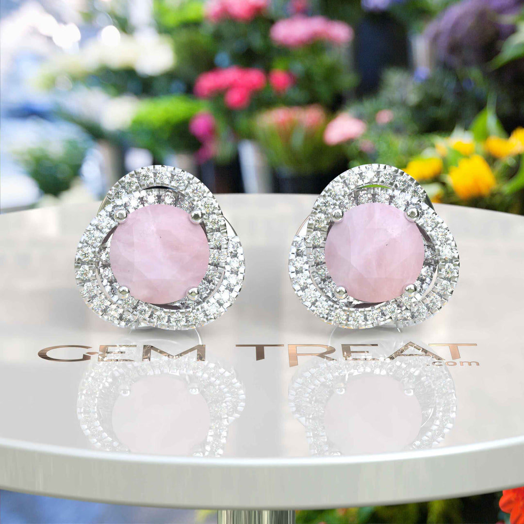 Romantic Radiance: Round Rose Quartz Stud Earrings with Double Moissanite Halo.