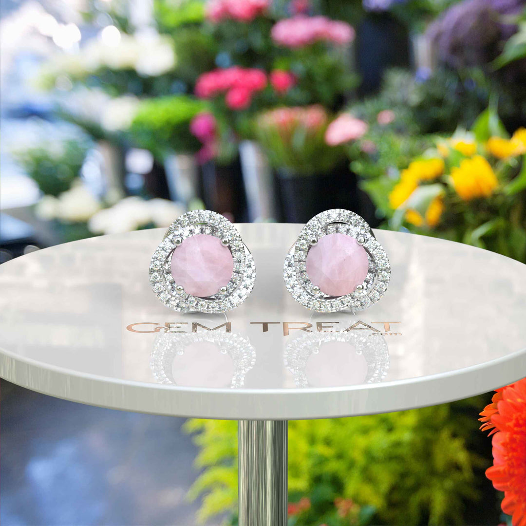 Romantic Radiance: Round Rose Quartz Stud Earrings with Double Moissanite Halo.