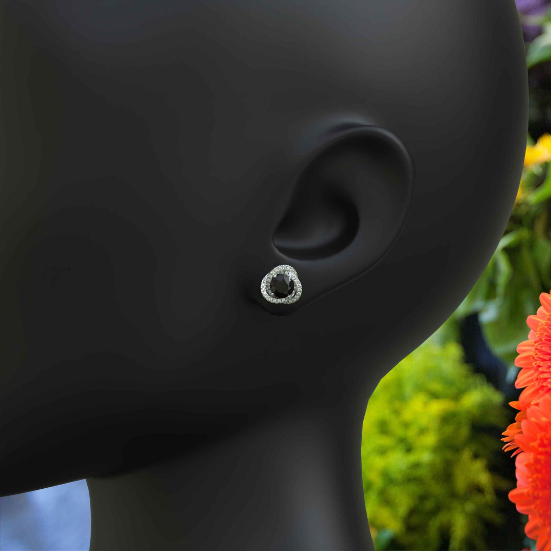 Night's Radiance: Round Black Onyx Stud Earrings with Moissanite Halo.