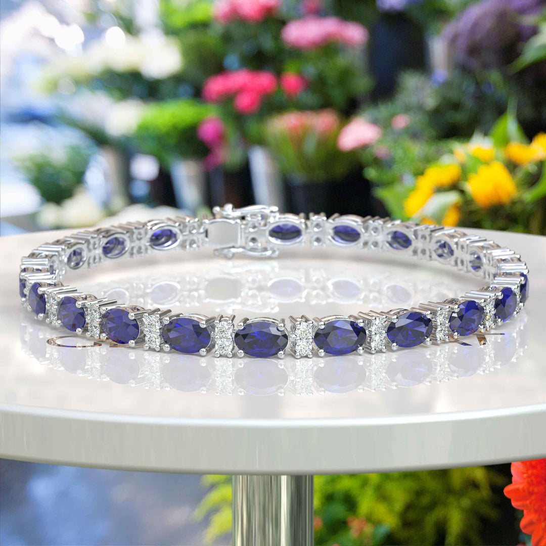 8.0ct Oval Blue Sapphire Tennis Bracelet with Tiny Round Moissanites