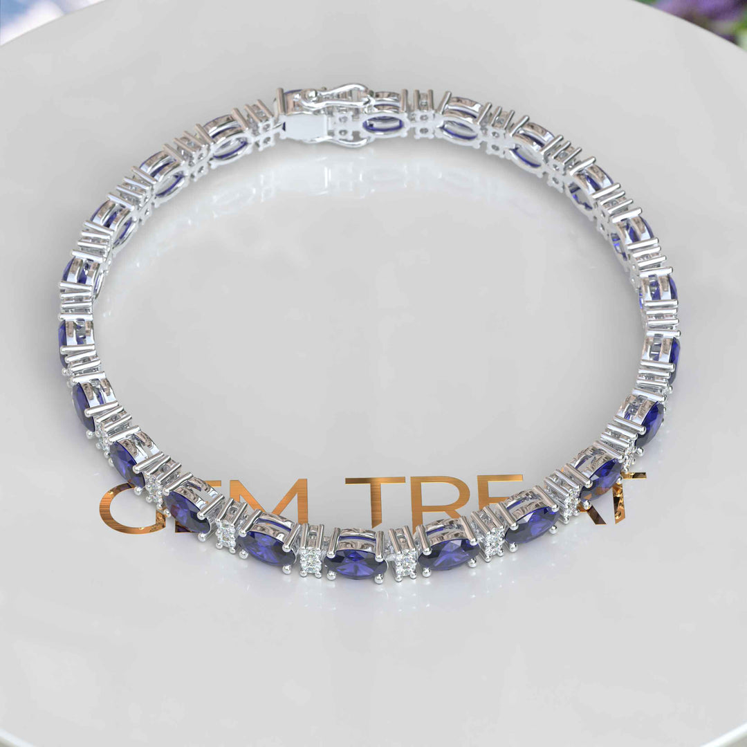 8.0ct Oval Blue Sapphire Tennis Bracelet with Tiny Round Moissanites