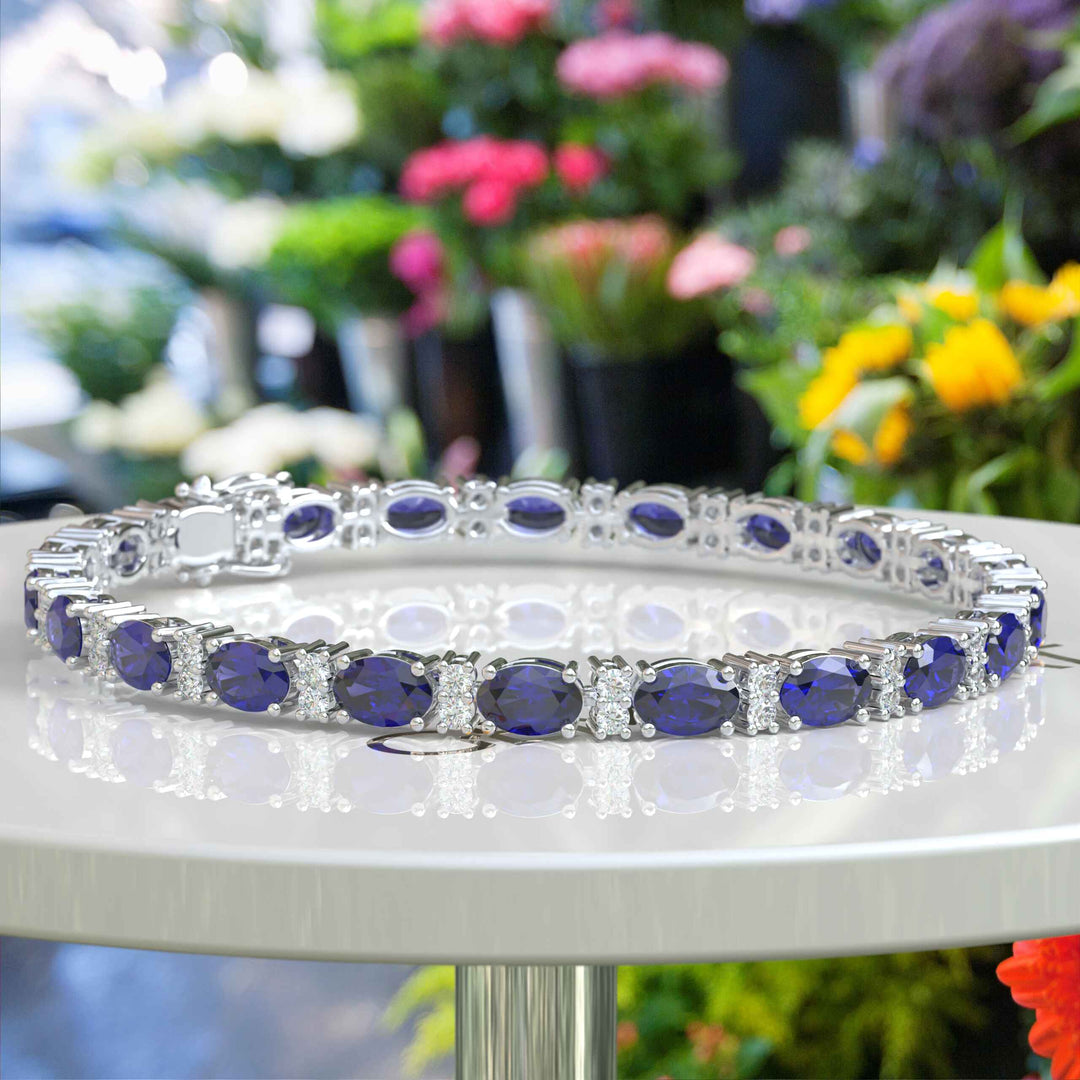 8.0ct Oval Blue Sapphire Tennis Bracelet with Tiny Round Moissanites