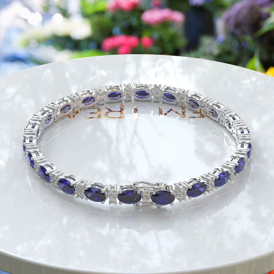 8.0ct Oval Blue Sapphire Tennis Bracelet with Tiny Round Moissanites