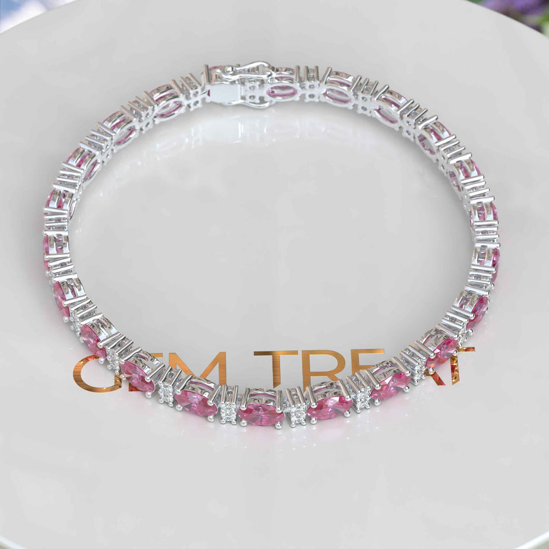 Glistening Array: Oval Pink Sapphire Tennis Bracelet with Alternating Moissanites