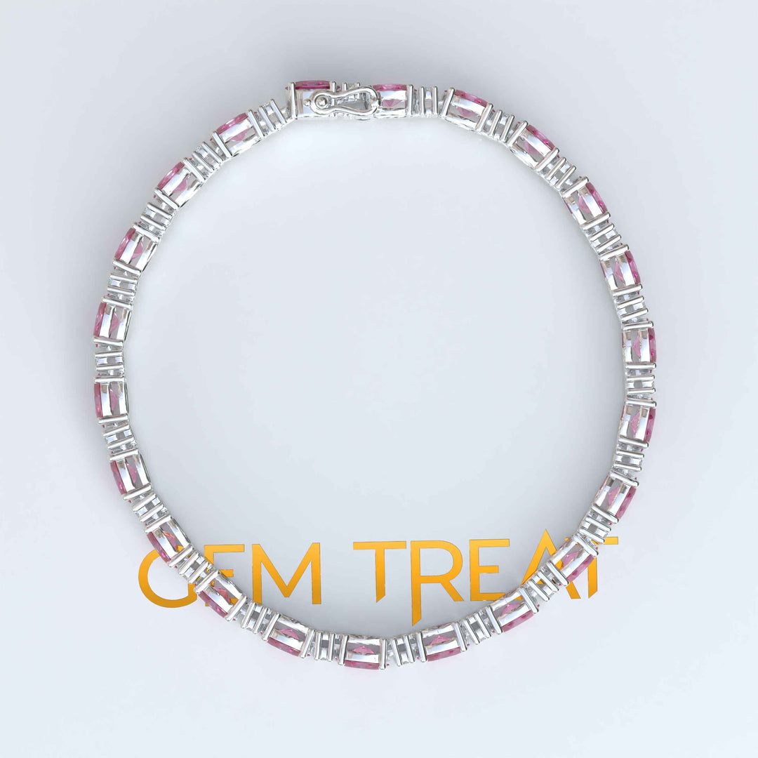 Glistening Array: Oval Pink Sapphire Tennis Bracelet with Alternating Moissanites