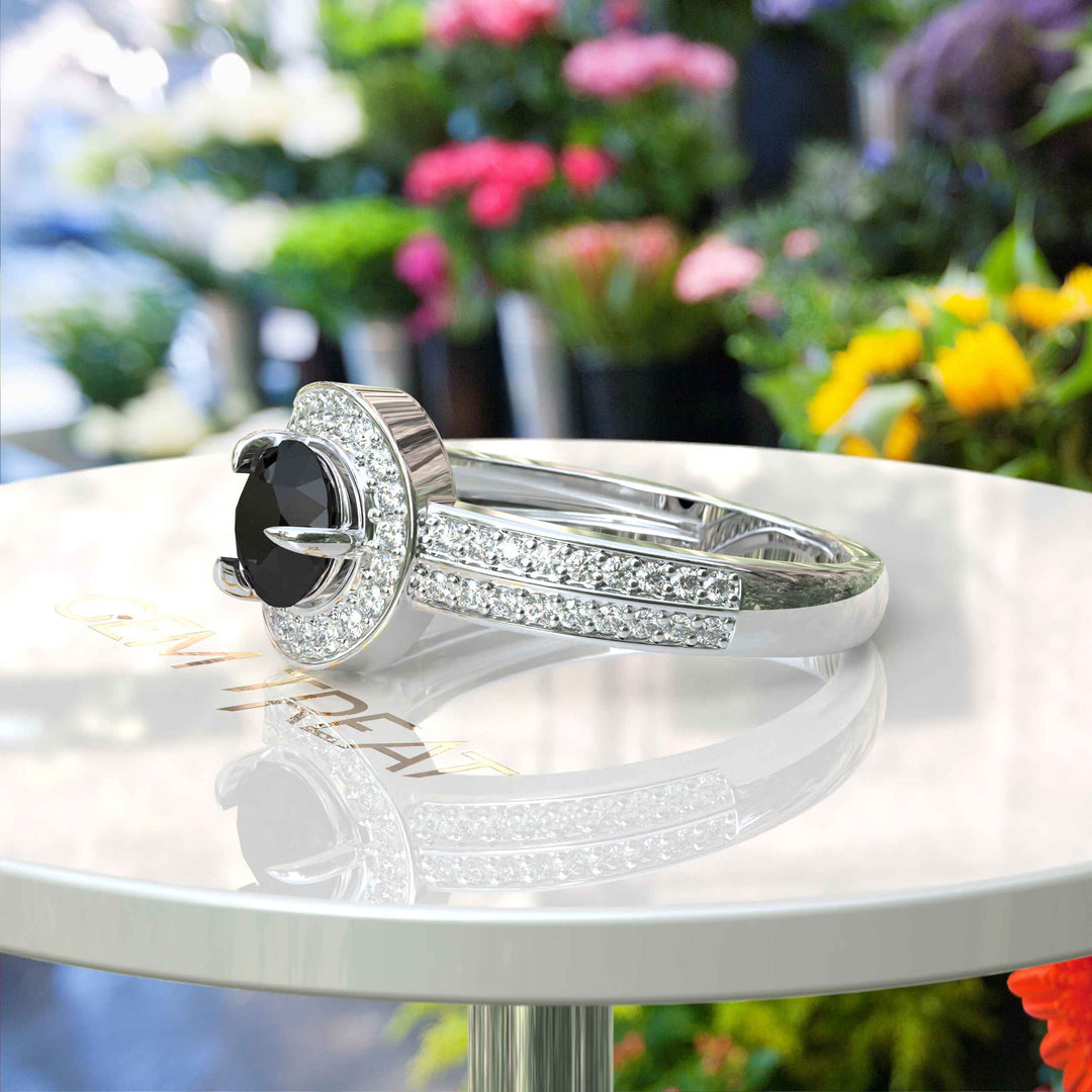 Dark Majesty: Circular Black Onyx Ring Framed by Dazzling Moissanite Halo