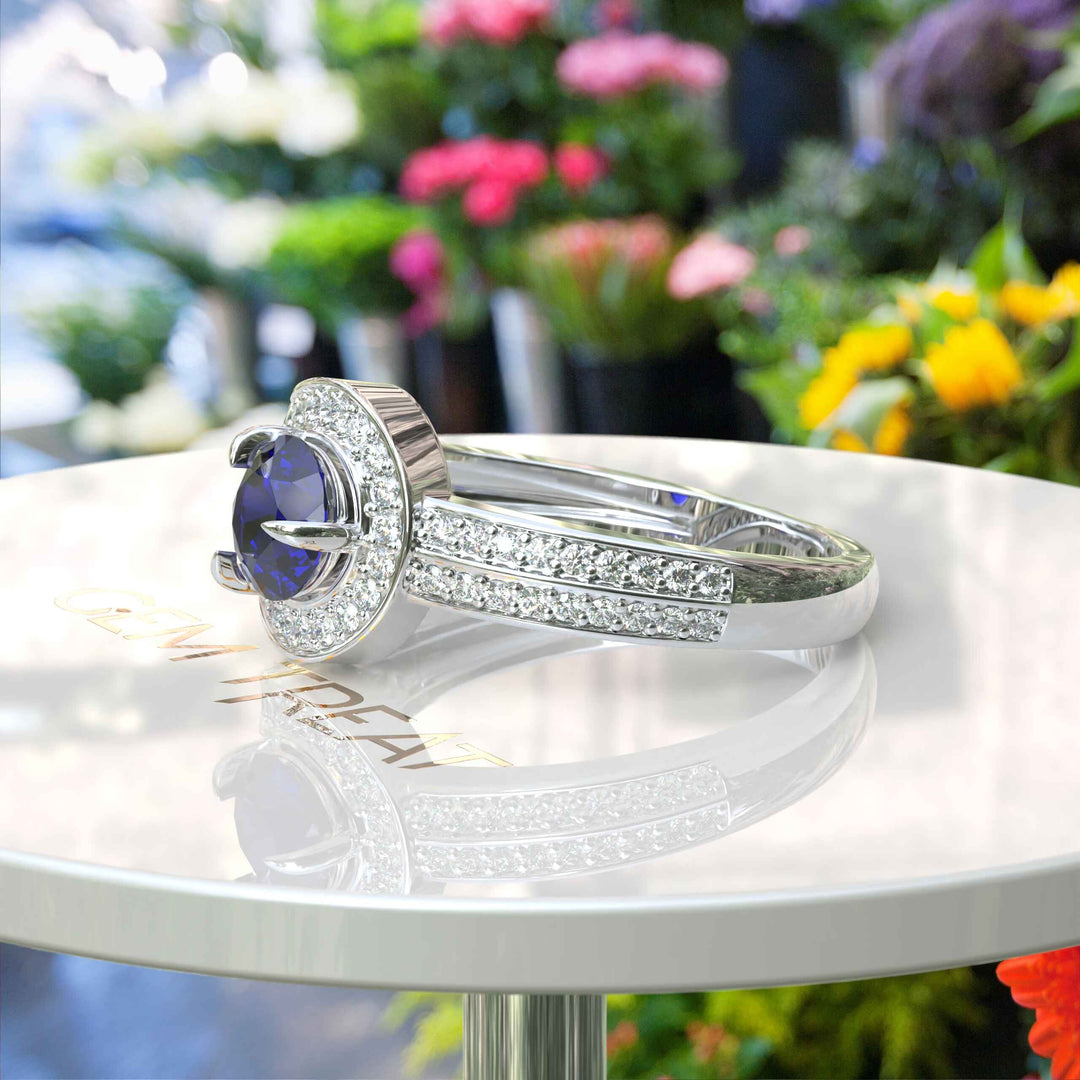 Silver Brilliance with Round Halo Blue Sapphire: An Enchanting Ring Design