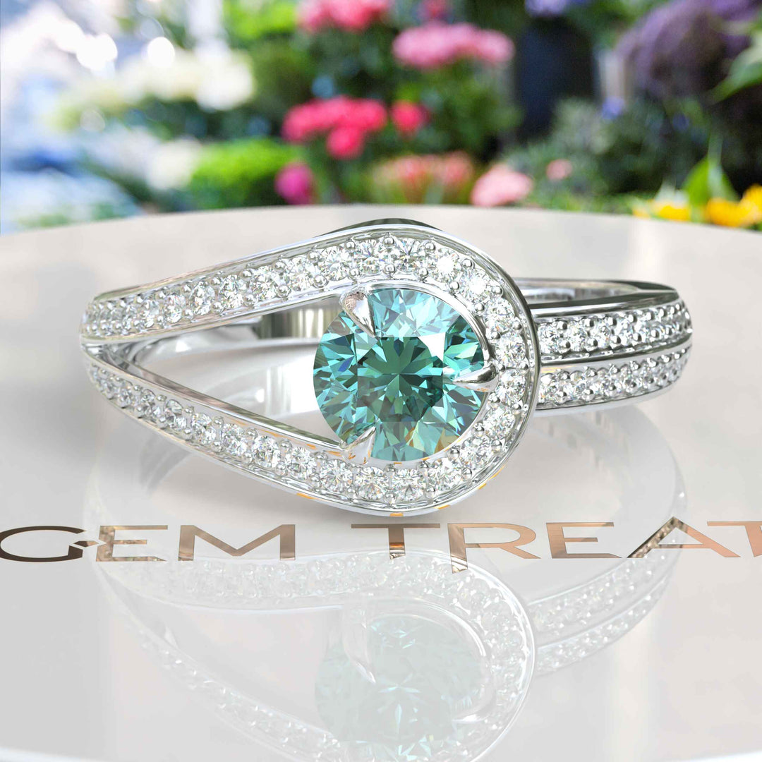 Breathtaking Cyan Blue Moissanite Halo Engagement Ring: A Symbol of Love