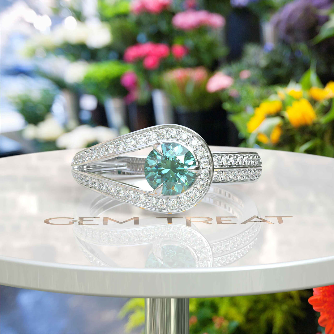 Breathtaking Cyan Blue Moissanite Halo Engagement Ring: A Symbol of Love