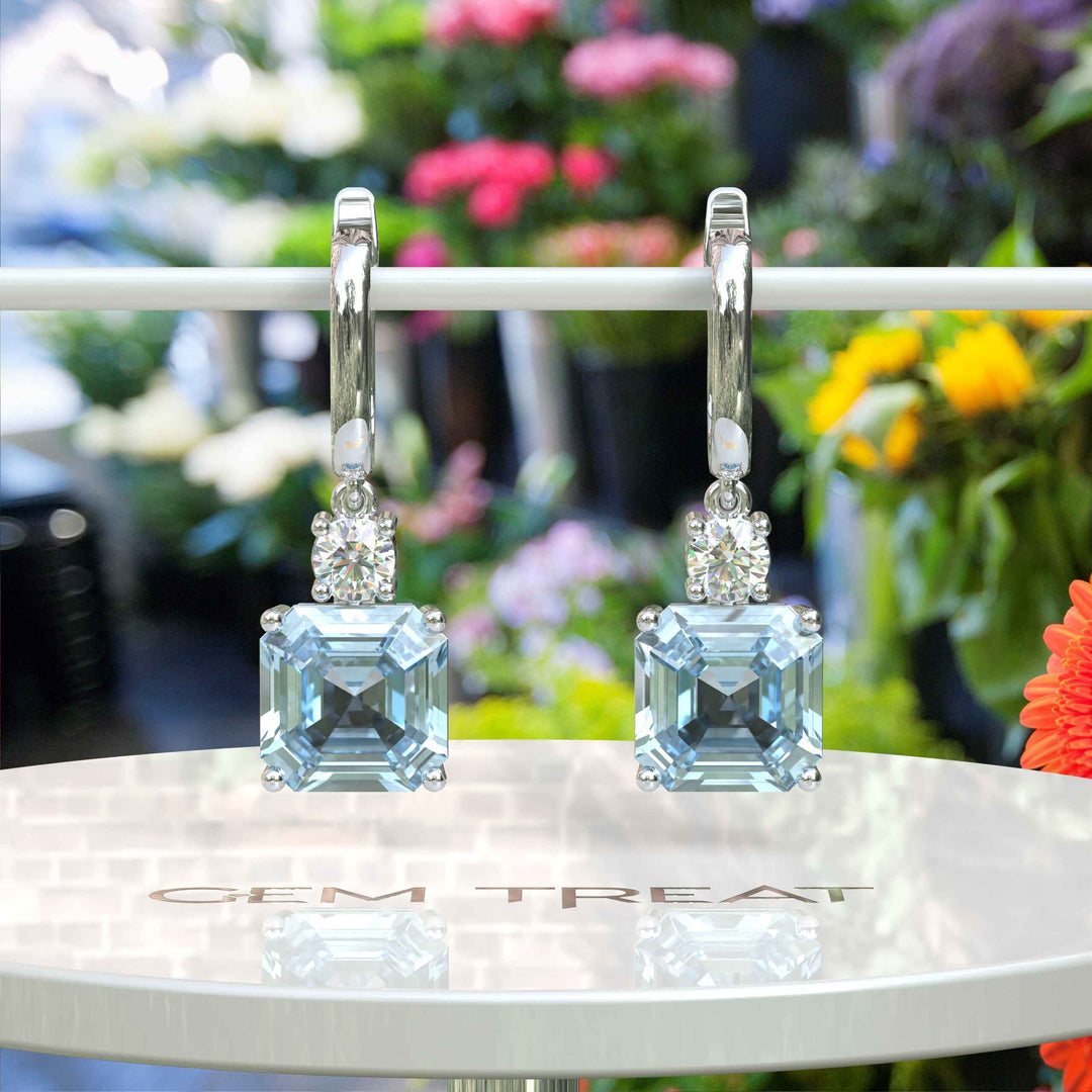 Blue Rhapsody: 10.0ct Asscher Cut Aquamarine Earrings in a Graceful Drop.