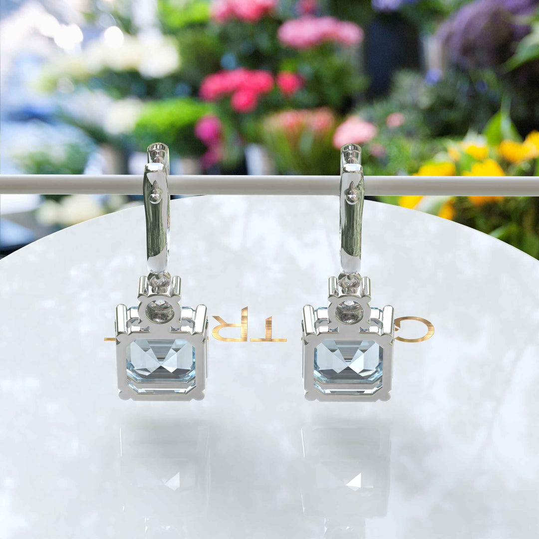 Blue Rhapsody: 10.0ct Asscher Cut Aquamarine Earrings in a Graceful Drop.