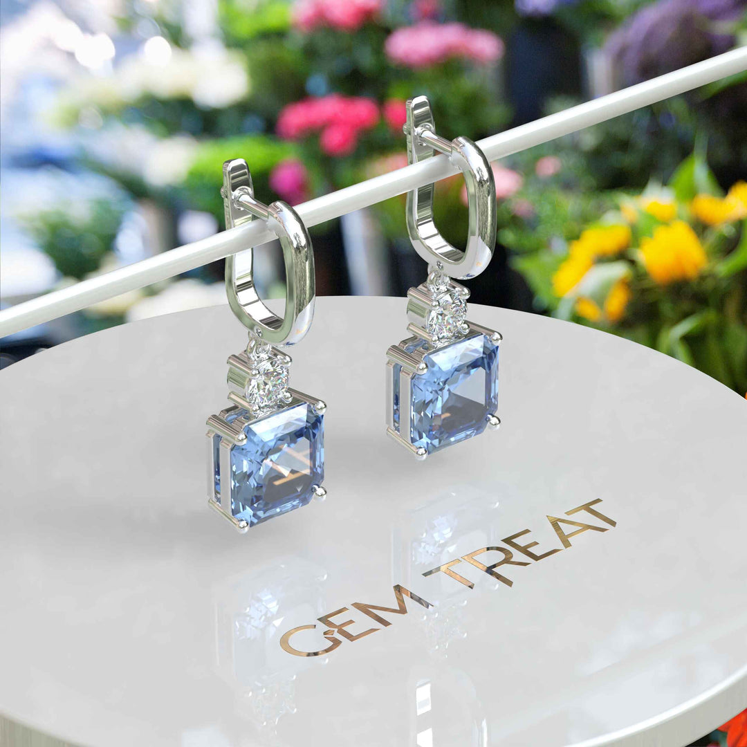 Sky’s Whisper: Blue Asscher Cut Moissanite Drop Earrings.