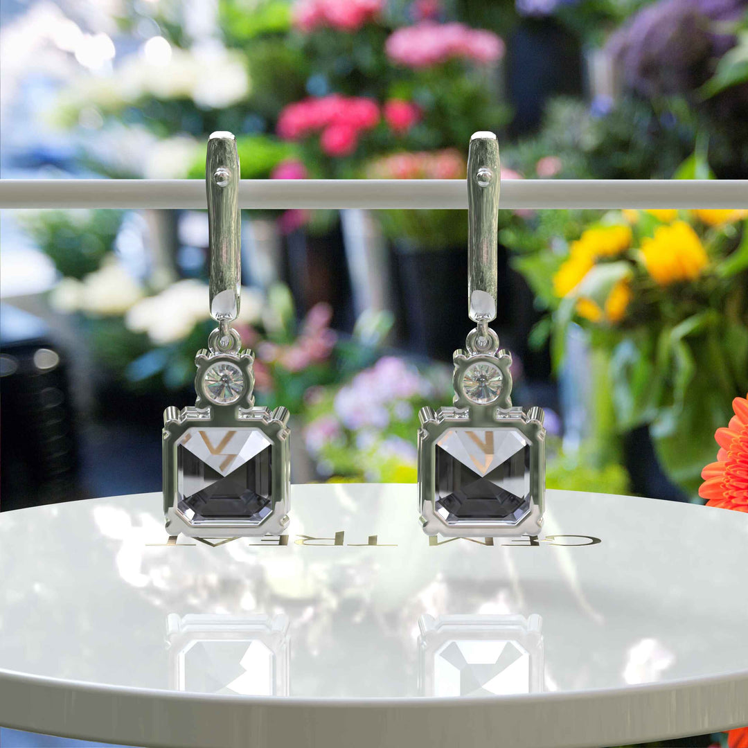 Elegant Echoes: Large 10.0ctw Asscher Cut Gray Moissanite Drop Earrings.