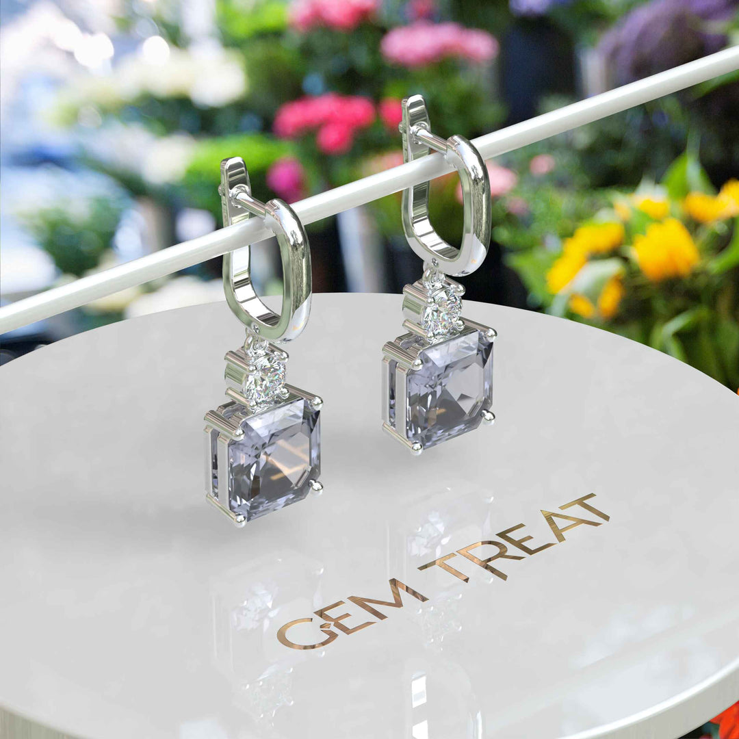 Elegant Echoes: Large 10.0ctw Asscher Cut Gray Moissanite Drop Earrings.