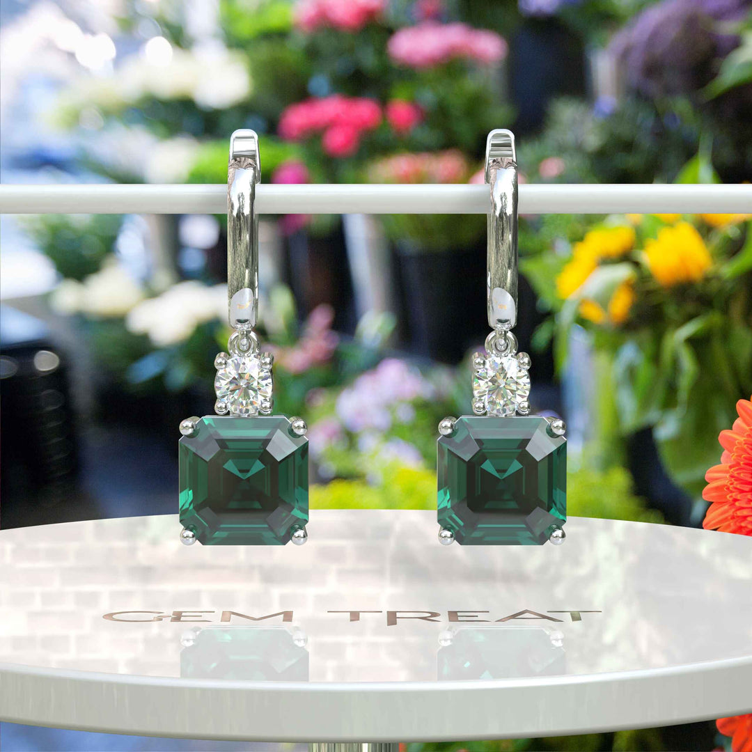 Green Harmony: Asscher Cut Emerald Earrings, Drop Styled.