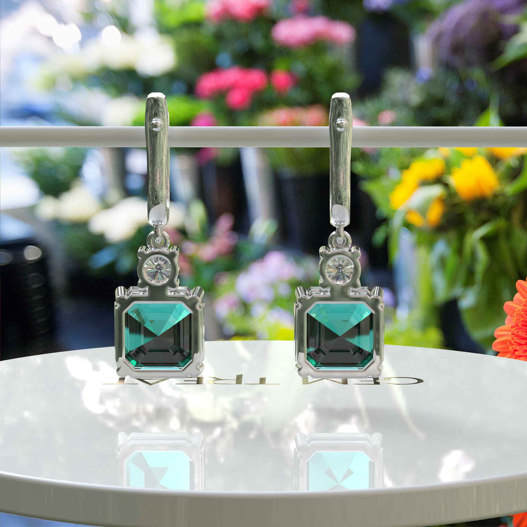 Green Harmony: Asscher Cut Emerald Earrings, Drop Styled.