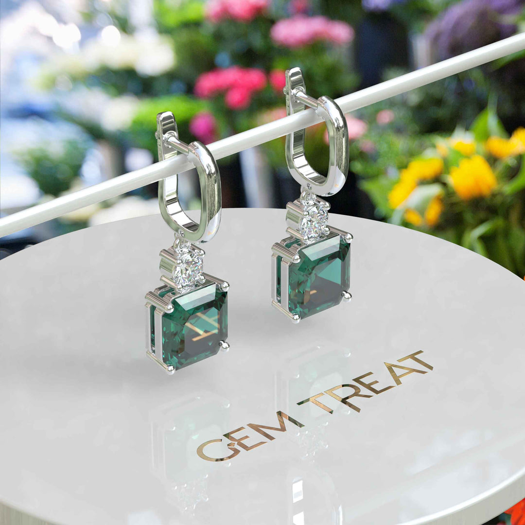 Green Harmony: Asscher Cut Emerald Earrings, Drop Styled.