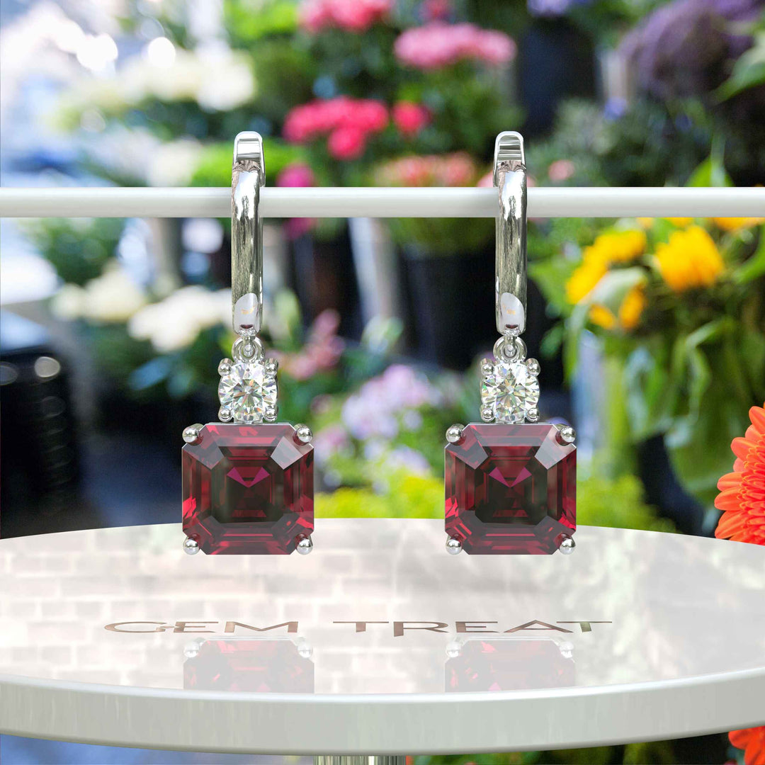 Red Rapture: Glistening Asscher Cut Ruby Drop Earrings.