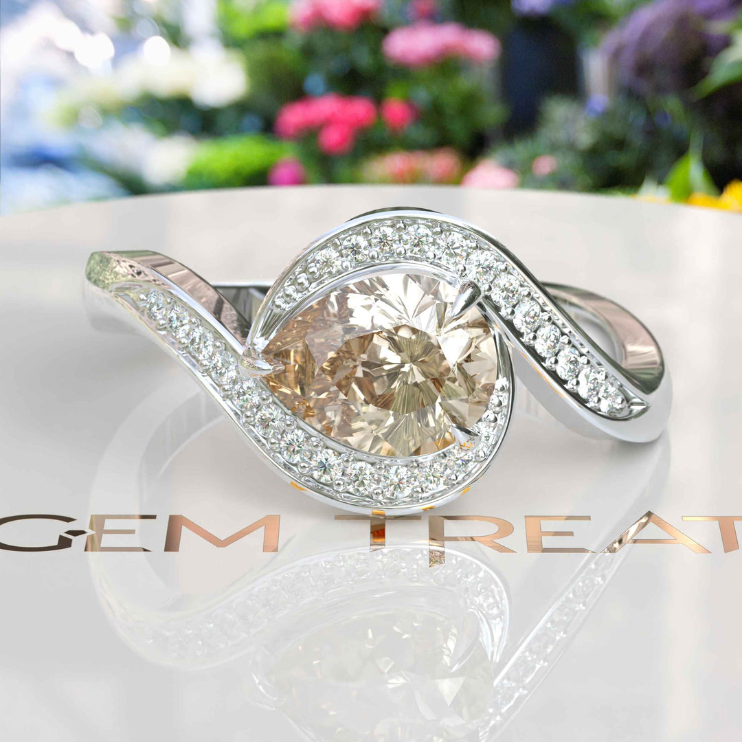 Timeless Elegance: Pear-Shaped Champagne Moissanite Halo Ring