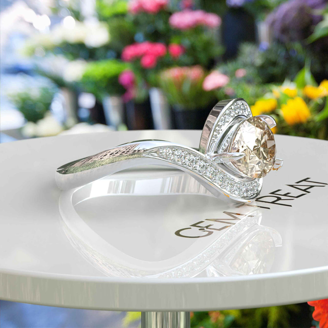 Timeless Elegance: Pear-Shaped Champagne Moissanite Halo Ring