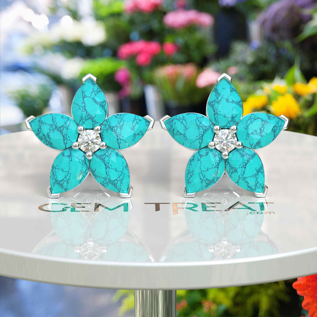 Azure Blossom: Pear Turquoise Gems in Elegant Floral Cluster Earrings.