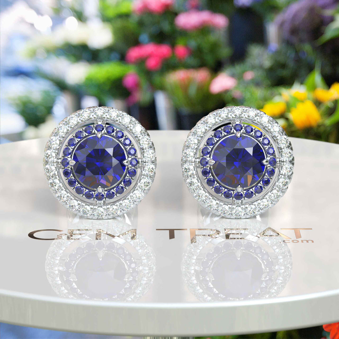 Twice the Gleam: Blue Sapphire Stud Earrings with Double Halo Design