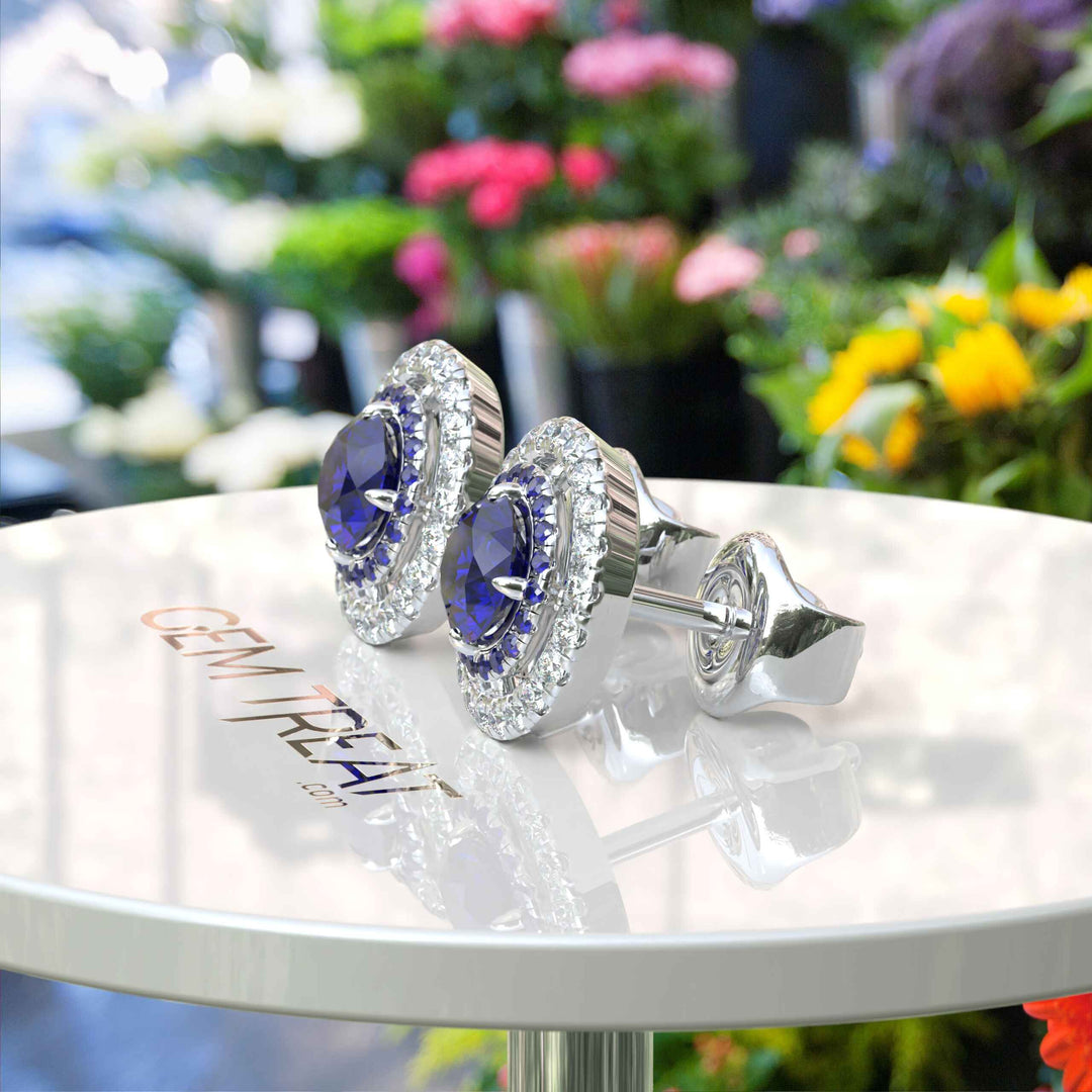 Twice the Gleam: Blue Sapphire Stud Earrings with Double Halo Design