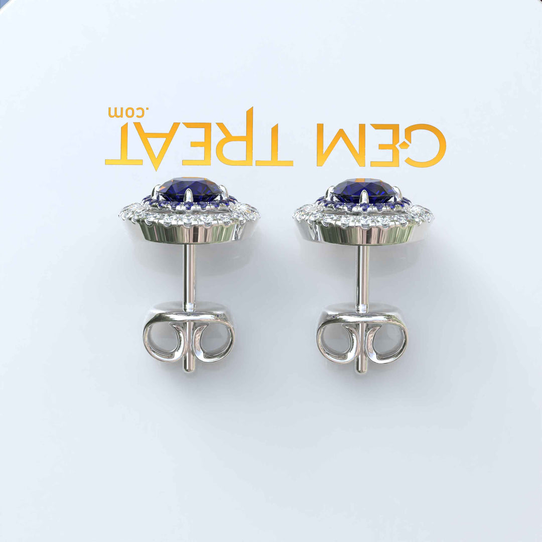 Twice the Gleam: Blue Sapphire Stud Earrings with Double Halo Design