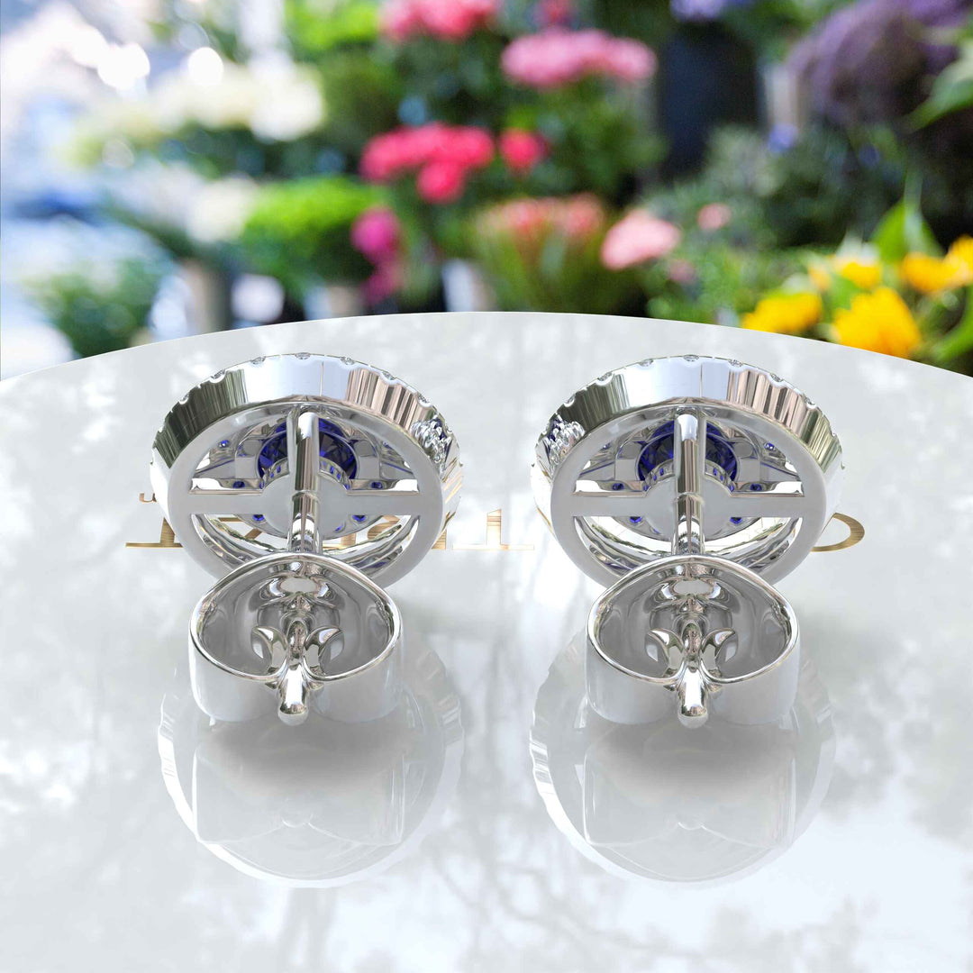 Twice the Gleam: Blue Sapphire Stud Earrings with Double Halo Design