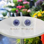 Load image into Gallery viewer, Twice the Gleam: Blue Sapphire Stud Earrings with Double Halo Design
