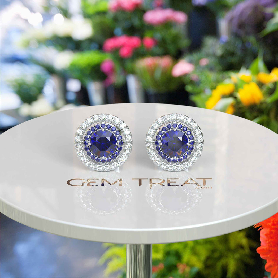 Twice the Gleam: Blue Sapphire Stud Earrings with Double Halo Design