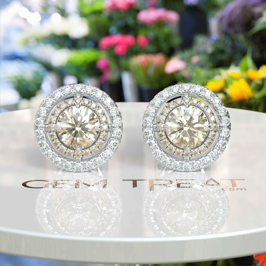 Golden Twilight: Champagne Moissanite Encased in Double Halo Stud Earrings