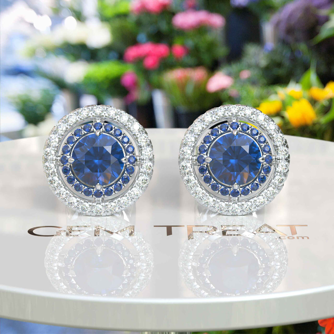 Deep Blue Radiance: Double Halo London Blue Topaz Stud Earrings.