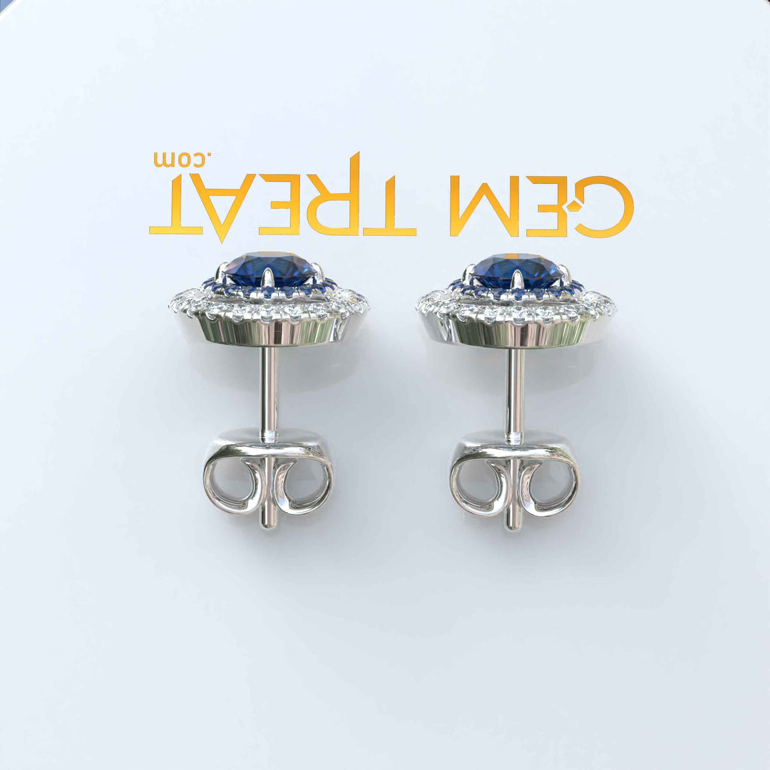 Deep Blue Radiance: Double Halo London Blue Topaz Stud Earrings.