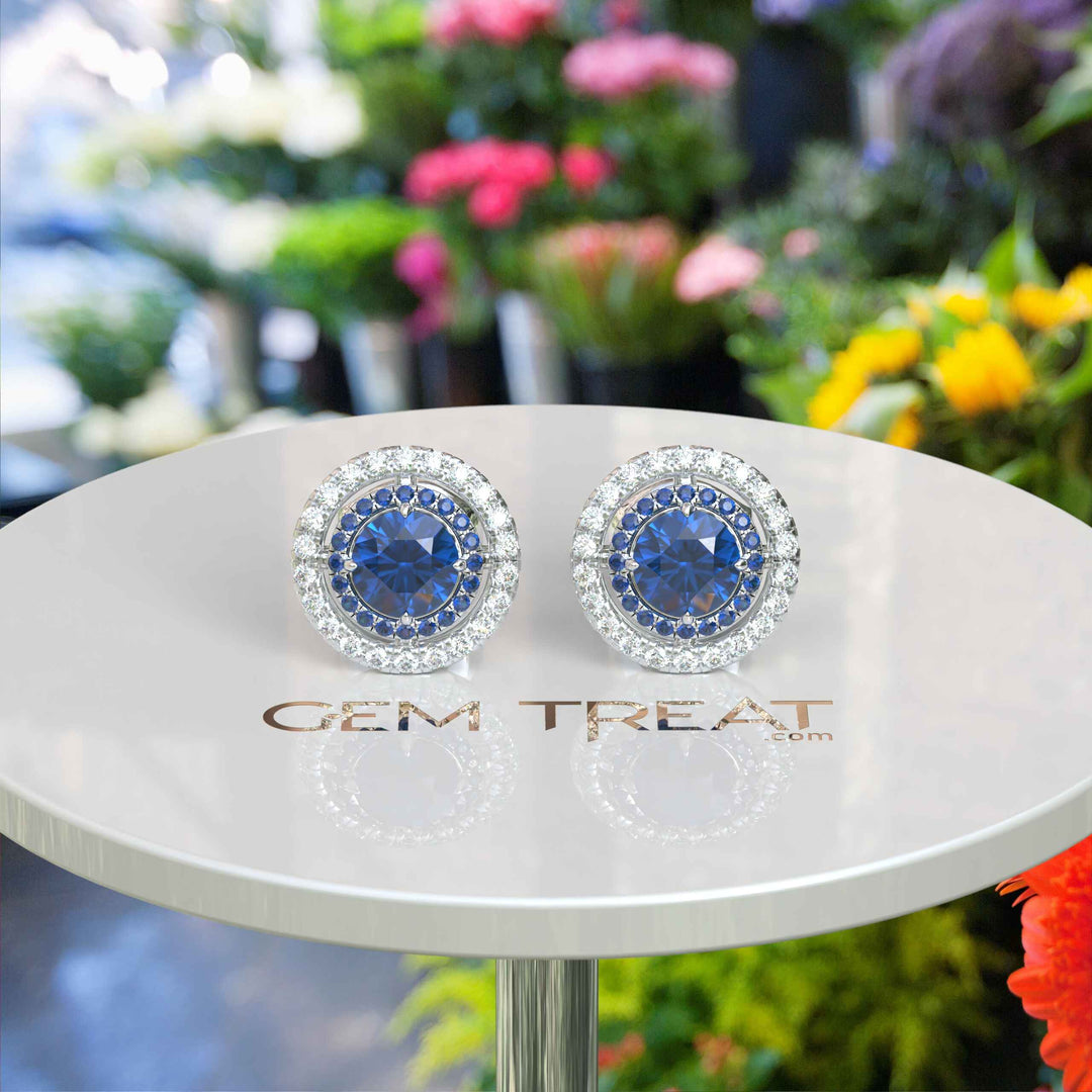 Deep Blue Radiance: Double Halo London Blue Topaz Stud Earrings.