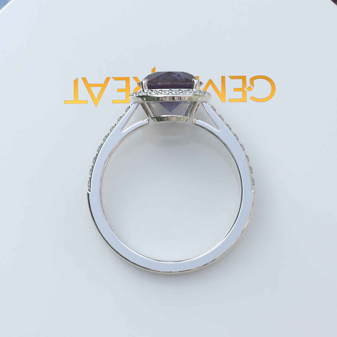 Nature's Palette Embodied: 2.0ct Round Alexandrite Halo Ring Radiates Color Shifts