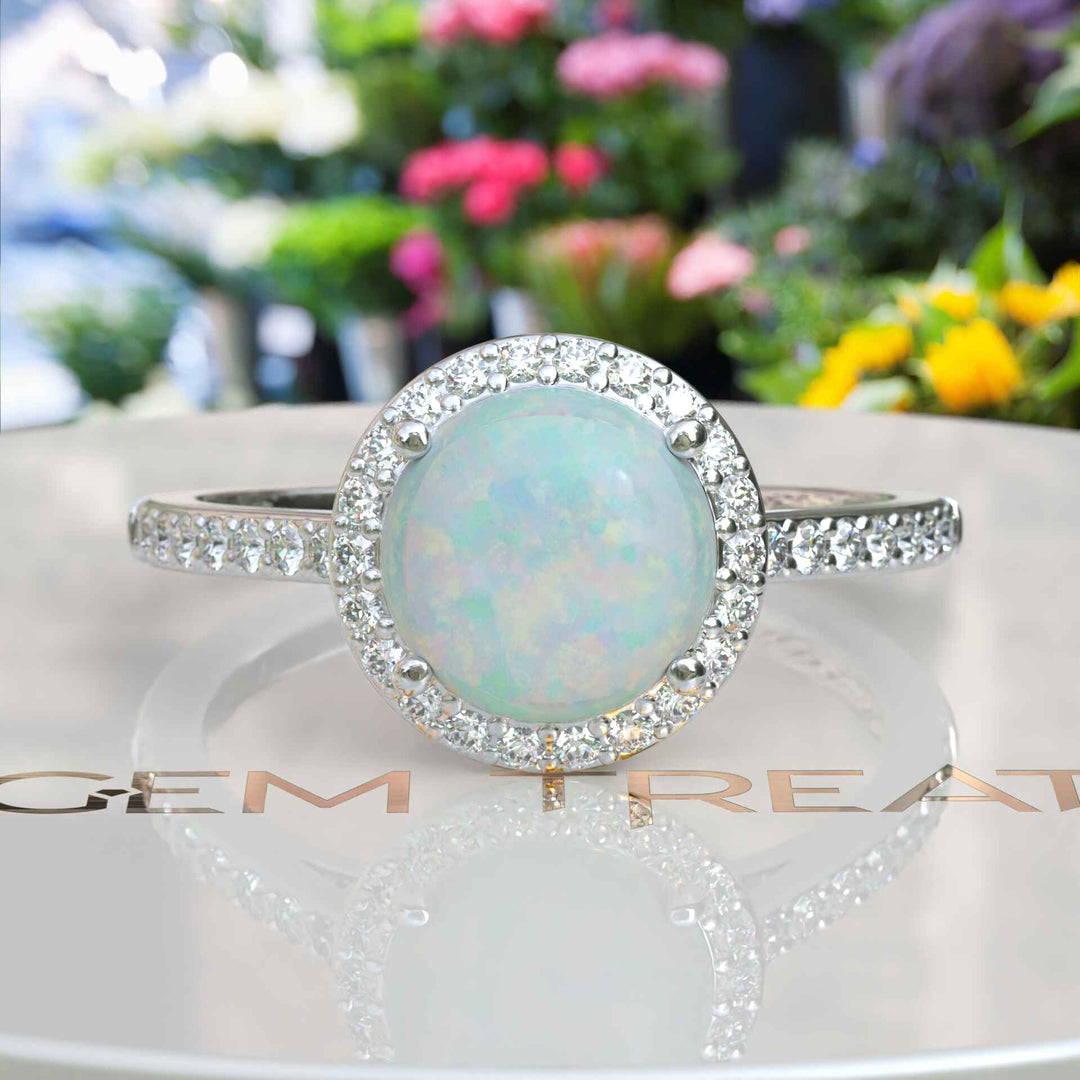 Cosmic Beauty: Round Opal Halo Ring in Silver Setting