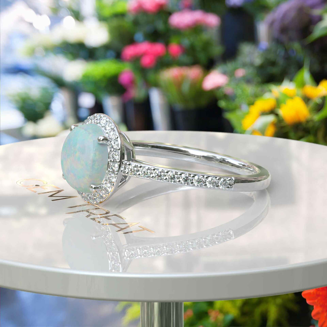 Cosmic Beauty: Round Opal Halo Ring in Silver Setting