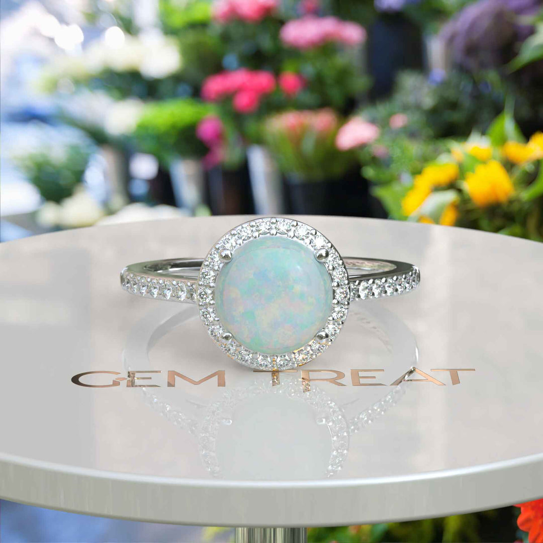 Cosmic Beauty: Round Opal Halo Ring in Silver Setting