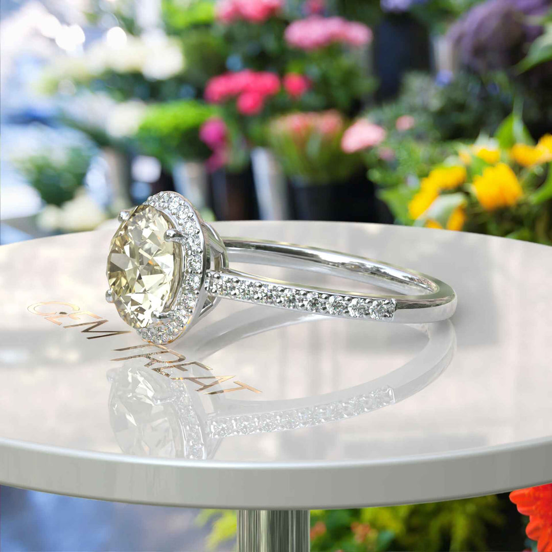 Celebrate Love with a Luminous 2ct Round Yellow Moissanite Halo Ring