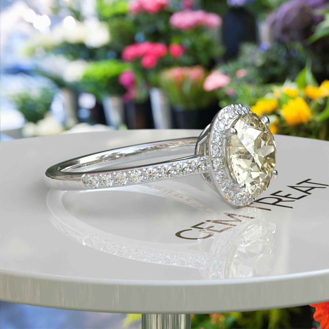 Celebrate Love with a Luminous 2ct Round Yellow Moissanite Halo Ring