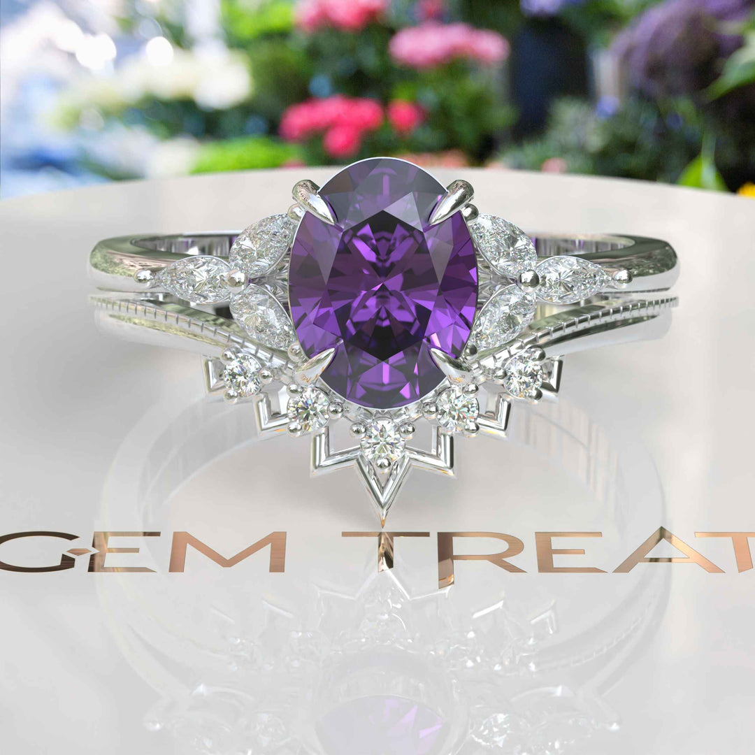 Nuptial Hues in Purple: Oval Amethyst Wedding Ring Set, Adorned by Marquise Side Gems