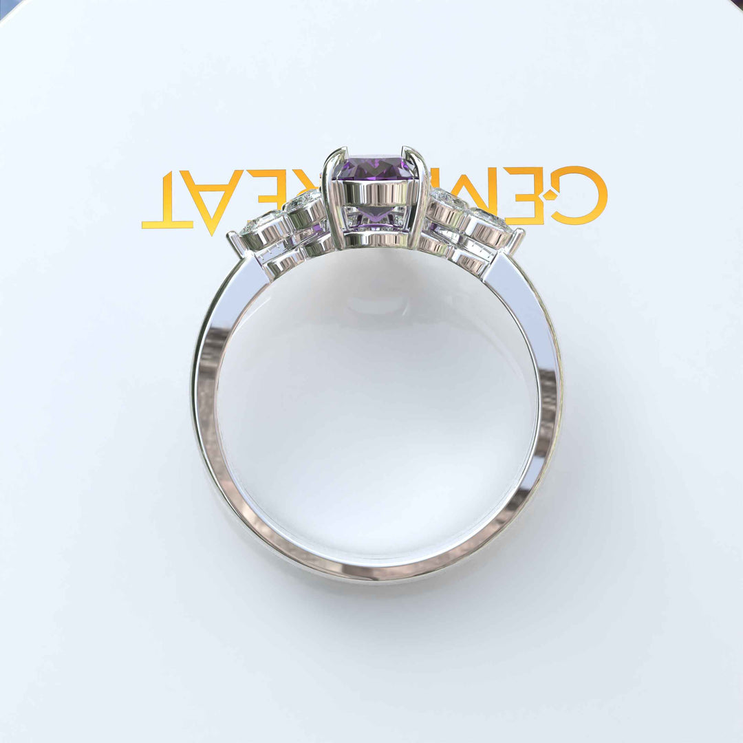 Nuptial Hues in Purple: Oval Amethyst Wedding Ring Set, Adorned by Marquise Side Gems