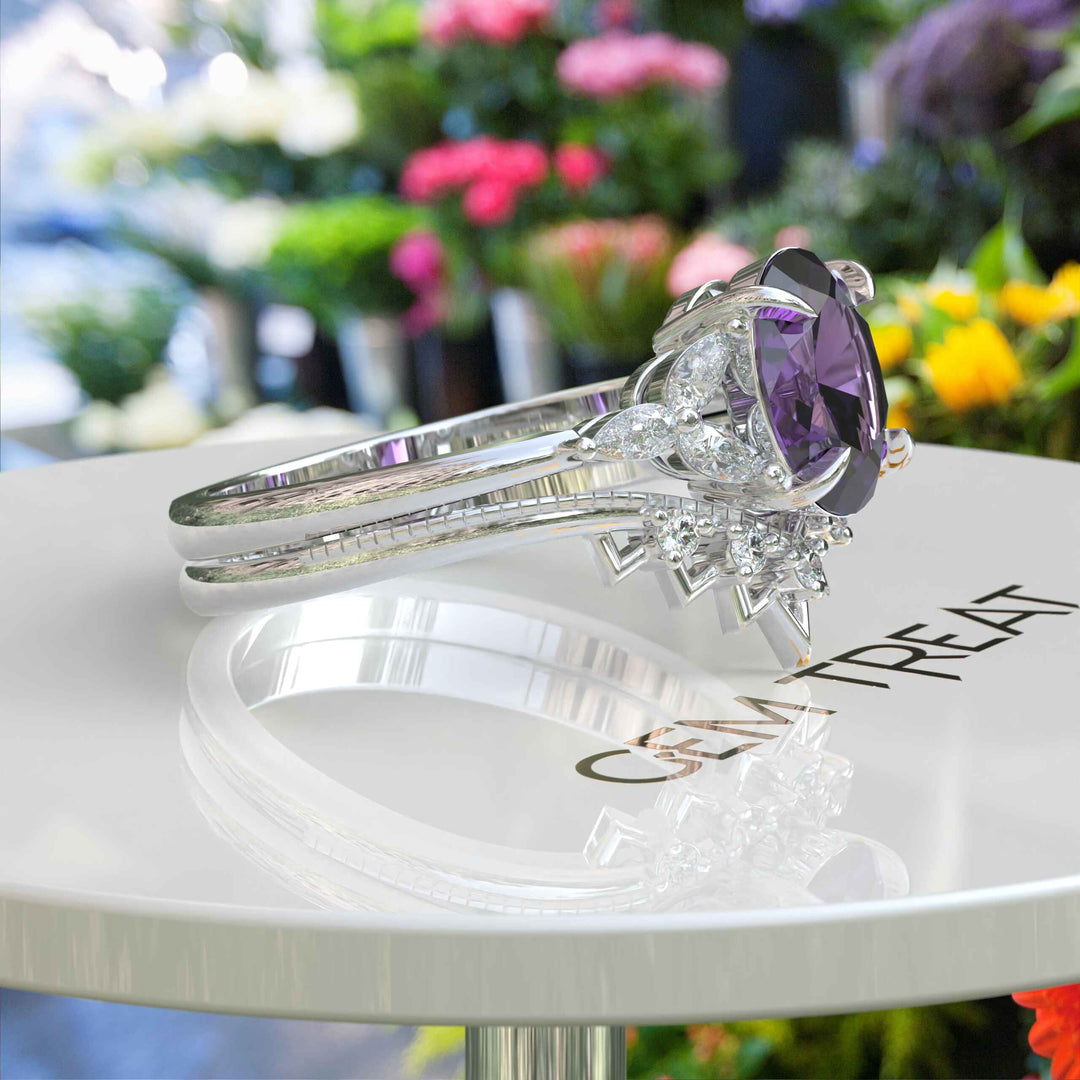 Nuptial Hues in Purple: Oval Amethyst Wedding Ring Set, Adorned by Marquise Side Gems