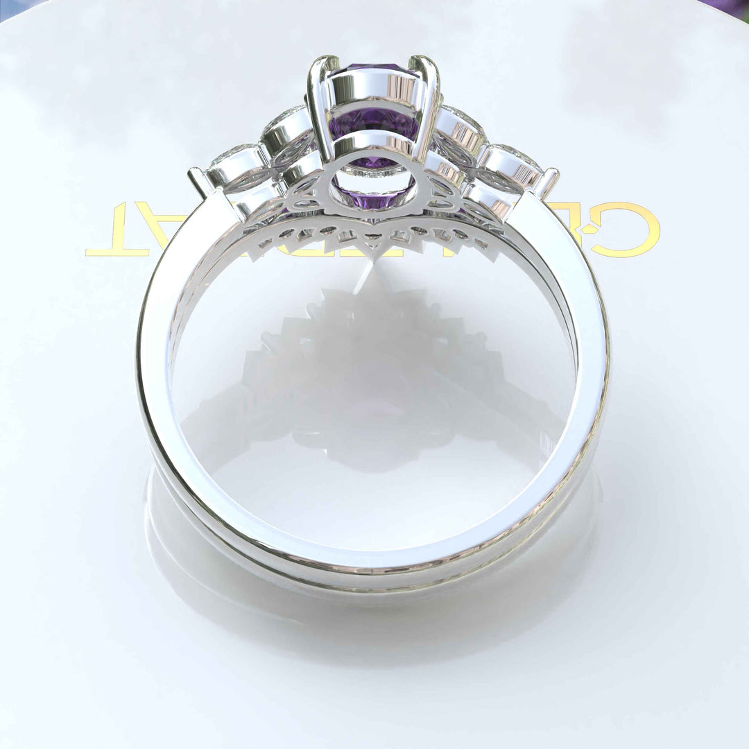 Nuptial Hues in Purple: Oval Amethyst Wedding Ring Set, Adorned by Marquise Side Gems