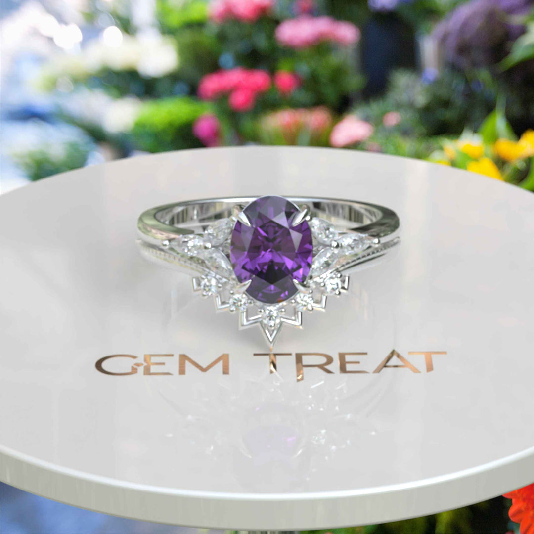 Nuptial Hues in Purple: Oval Amethyst Wedding Ring Set, Adorned by Marquise Side Gems